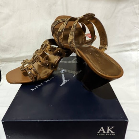 Anne Klein Gold Studded Snakeskin Sandals with 3" Heals - Picture 1 of 8